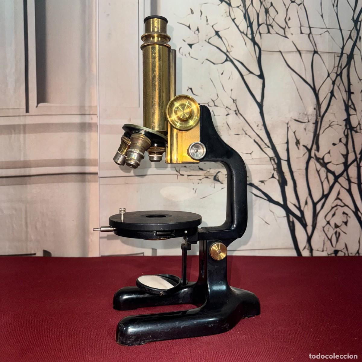 Antig&uuml;edades: Microscopio Monocular Antiguo de Lat&oacute;n y Hierro Lacado en Negro