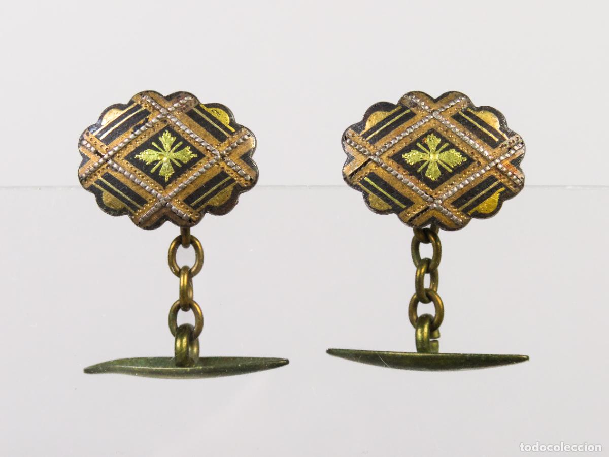 Antig&uuml;edades: Gemelos damasquinado de Toledo mitad S XX