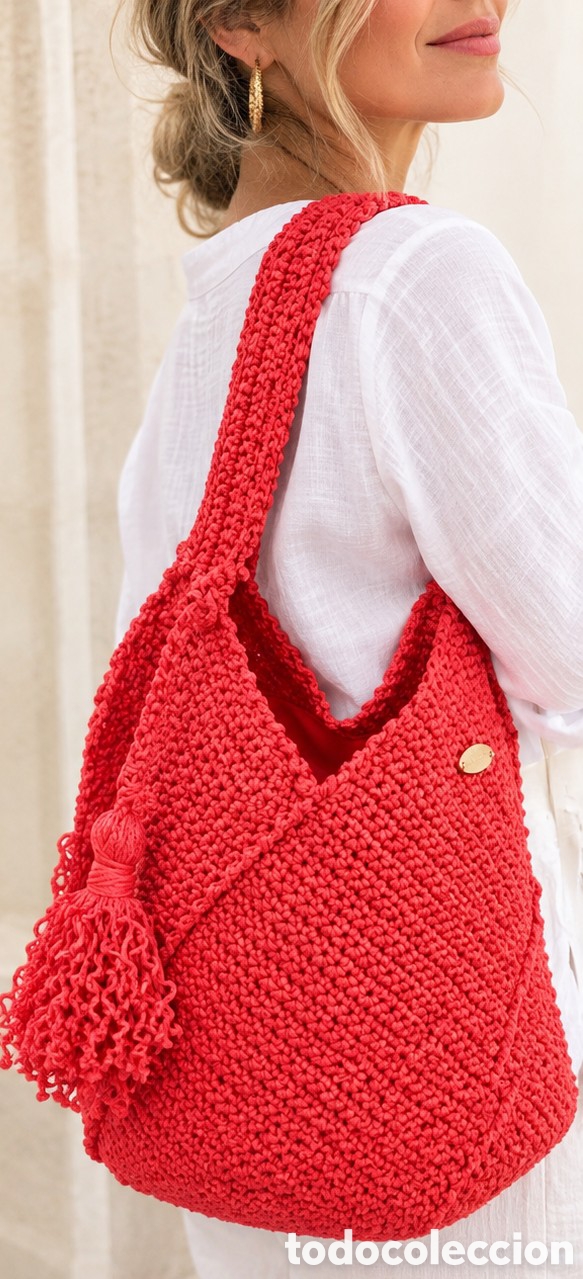 Antig&uuml;edades: Bolso cubo de crochet hecho a mano rojo coral &ndash; Pieza &uacute;nica