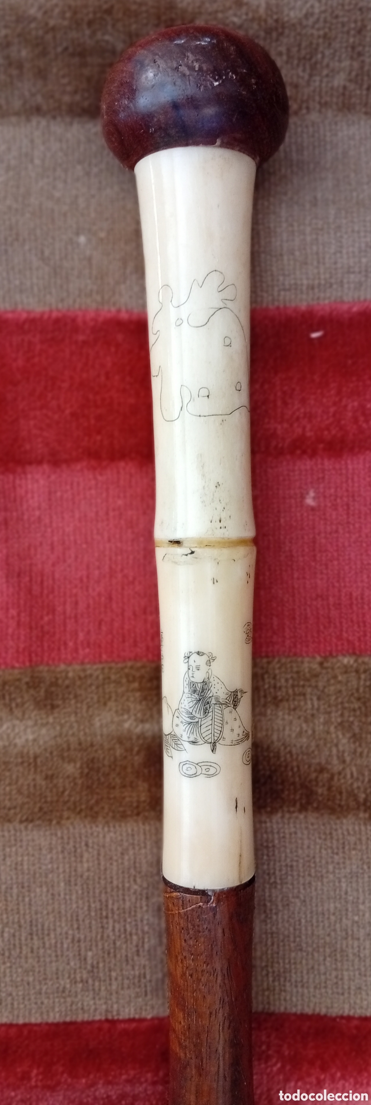 Antig&uuml;edades: Precioso muy antiguo baston de madera ex&oacute;tica muy pesada y empu&ntilde;adura de hueso oriental XIX