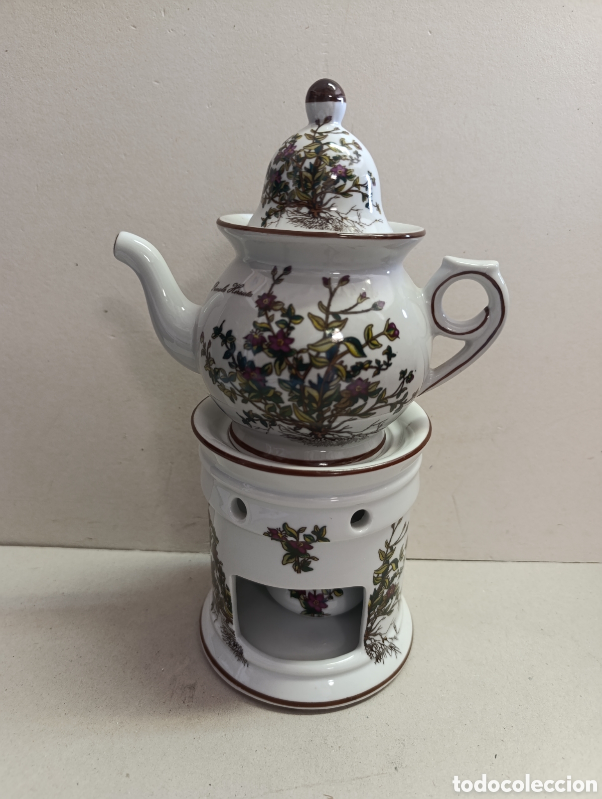 Antig&uuml;edades: TETERA O TISANERA DE PORCELANA CON CALENTADOR (INFERNILLO). MOTIVOS BOTANICOS. HERRANDIZ.