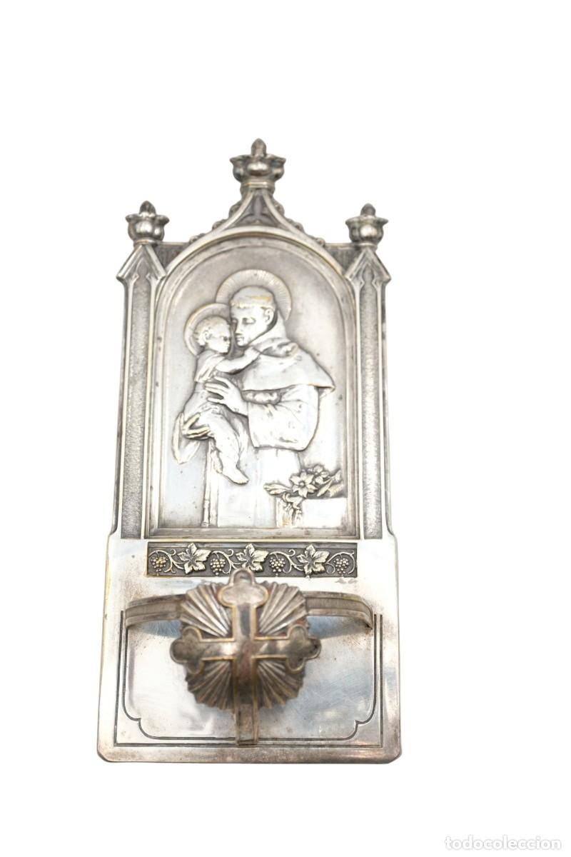 Antig&uuml;edades: Antigua placa religiosa de San Antonio con Ni&ntilde;o Jes&uacute;s &ndash; metal plateado / casquinha &ndash; siglo XIX