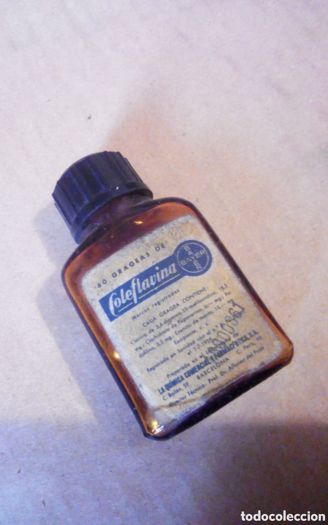 Antig&uuml;edades: Frasquito medicamento. Grageas de Coleflavina, de Bayer. La Qu&iacute;mica Comercial y Farmac&eacute;utica, S. A.,