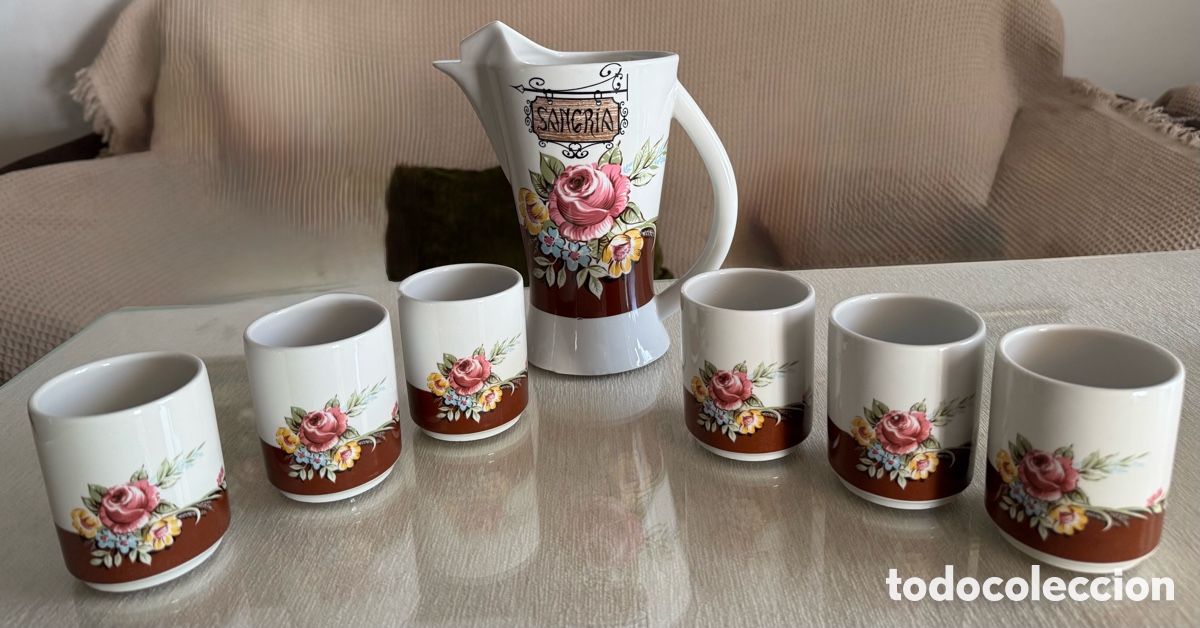 Antig&uuml;edades: Juego de sangr&iacute;a vintage sin estrenar &ndash; Jarra + 6 vasos &ndash; Decoraci&oacute;n floral