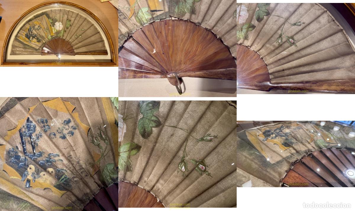 Antig&uuml;edades: ANTIGUO ABANICO ENMARCADO VARILLAS DE MADERA Y SEDA 33cm