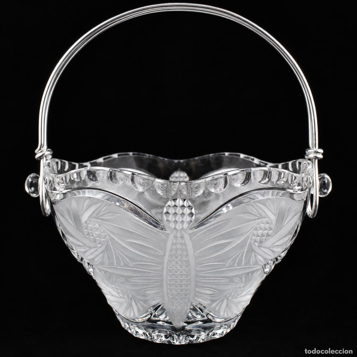 Antig&uuml;edades: Centro de Mesa Cesta de Cristal Tallado Mariposa Asa Met&aacute;lica Vintage
