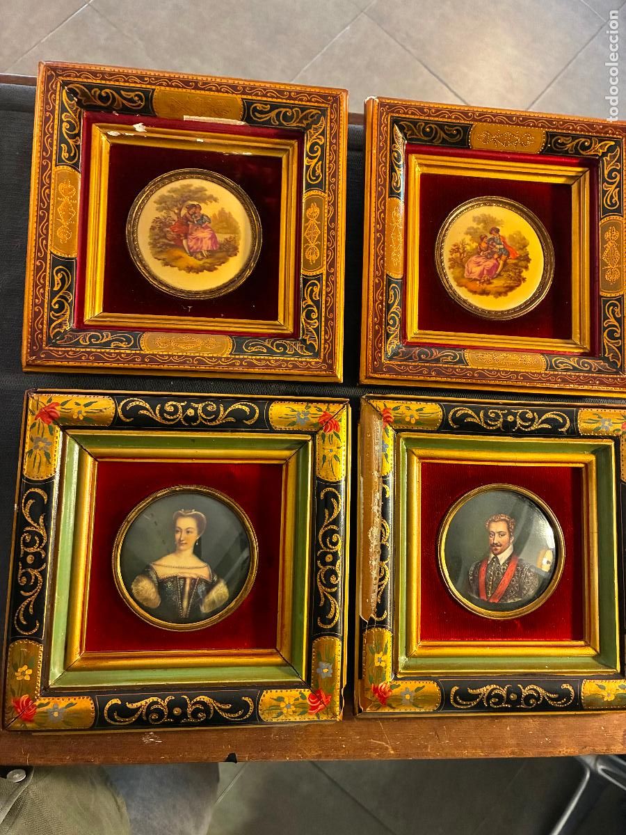 Antig&uuml;edades: cuatro marcos con imagenes antiguas marcos estucados necesitan restauracion miden 20x20x3,5