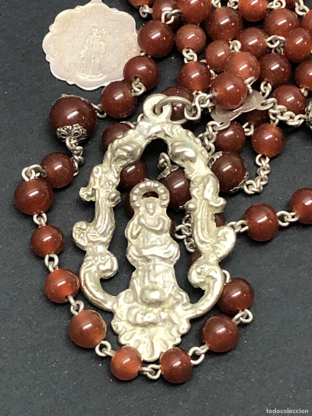 Antig&uuml;edades: Gran Rosario antiguo Virgen Inmaculada medalla San Benito Montserrat * Plata de ley 925 y cornalina