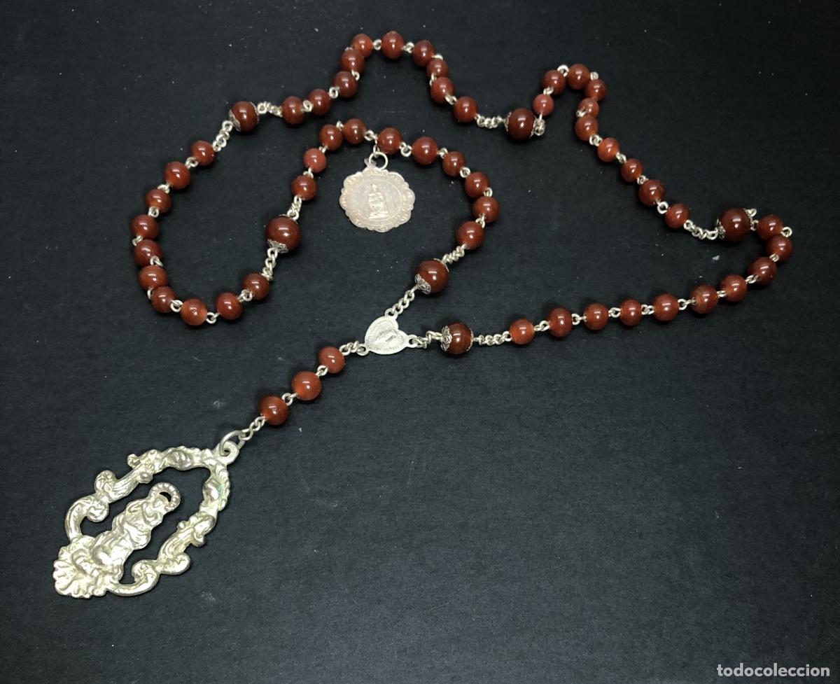 Antig&uuml;edades: Gran Rosario antiguo Virgen Inmaculada medalla San Benito Montserrat * Plata de ley 925 y cornalina