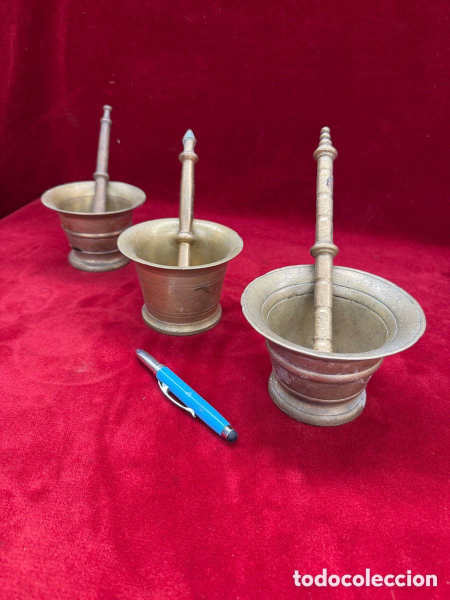 Antig&uuml;edades: Lote de 3 antiguos morteros de bronce,siglo XIX