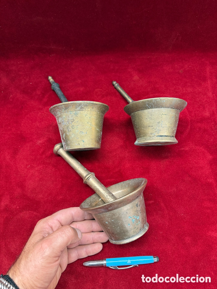 Antig&uuml;edades: Lote de 3 morteros antiguos de bronce,siglo XIX!