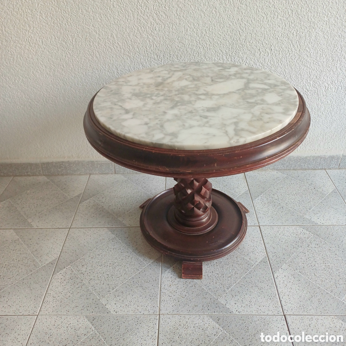 Antig&uuml;edades: Elegante mesa de centro velador antigua con m&aacute;rmol - 60cm