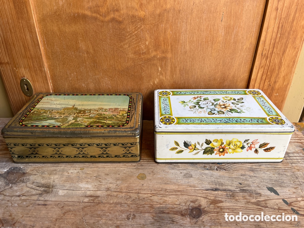 Antig&uuml;edades: Lote de 2 cajas met&aacute;licas antiguas decorativas
