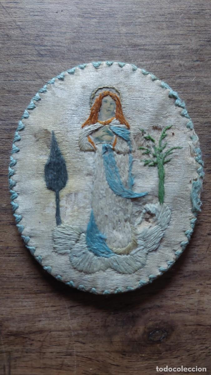 Antiques: Antiguo parche de virgen inmaculada bodado siglo XIX