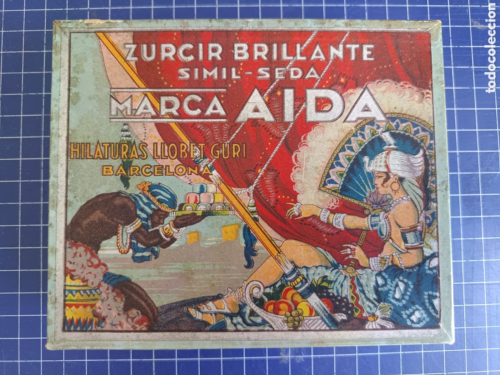 Antig&uuml;edades: Antigua caja cart&oacute;n marca AIDA, zurcir brillante simil-seda