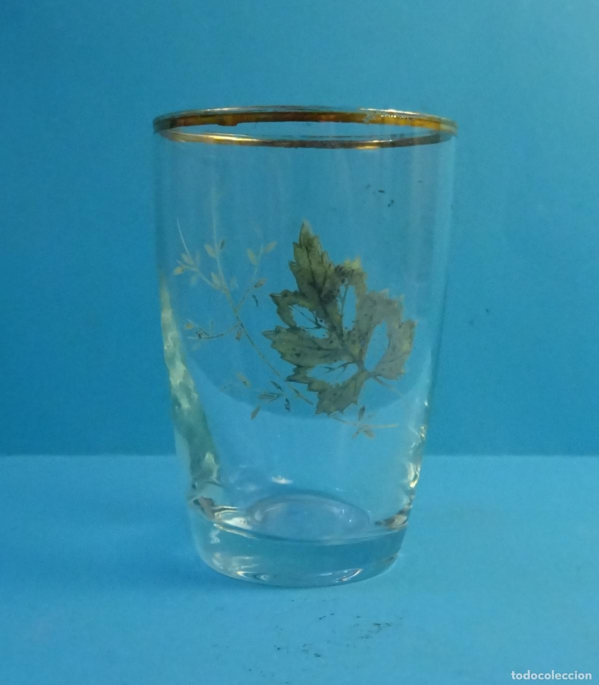 Antig&uuml;edades: VASO DE VIDRIO / CRISTAL CON FILO DE ORO Y SERIGRAF&Iacute;A HOJA Y RAMA. ALTURA 8.5 CM