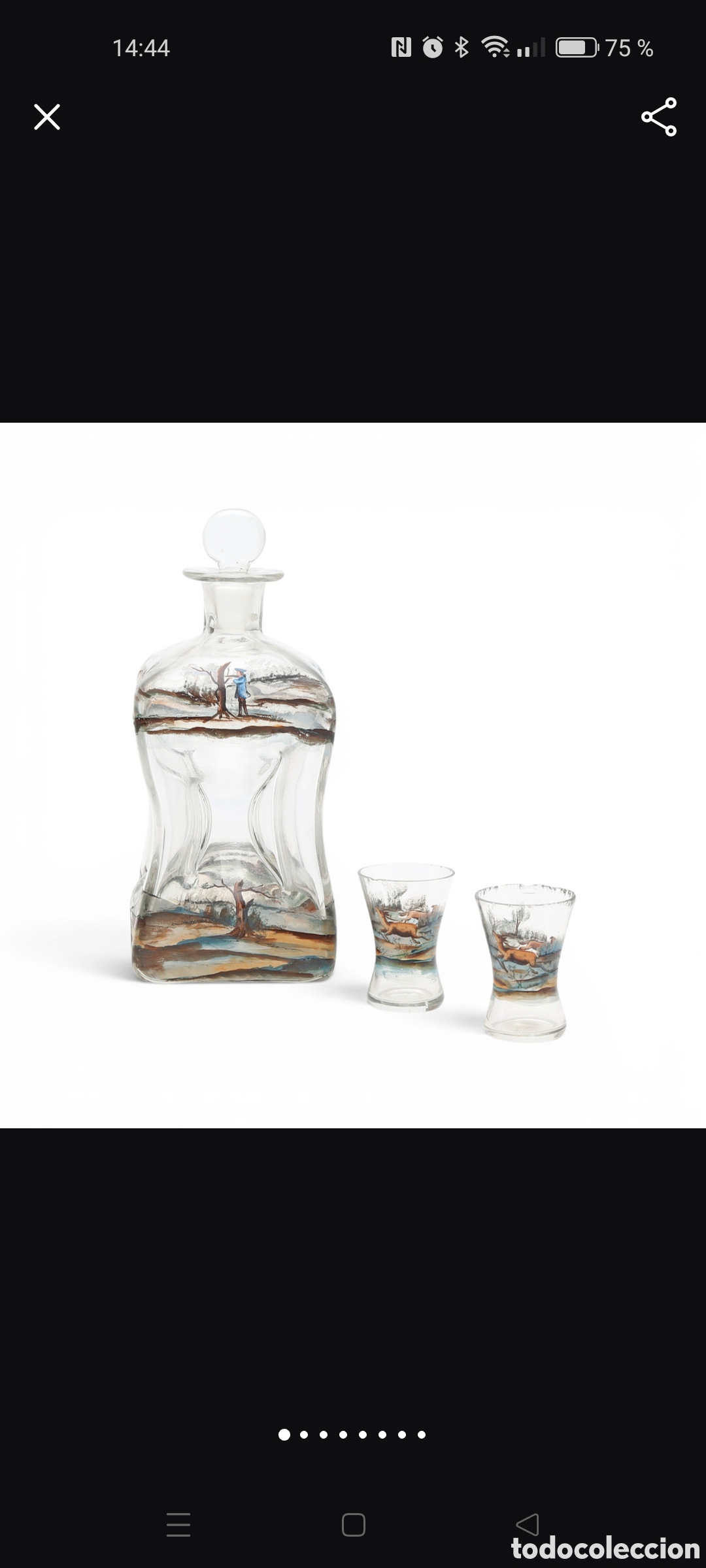 Antig&uuml;edades: Juego de licor antiguo formado por botella/decantador con tap&oacute;n original y 2 vasos chupito