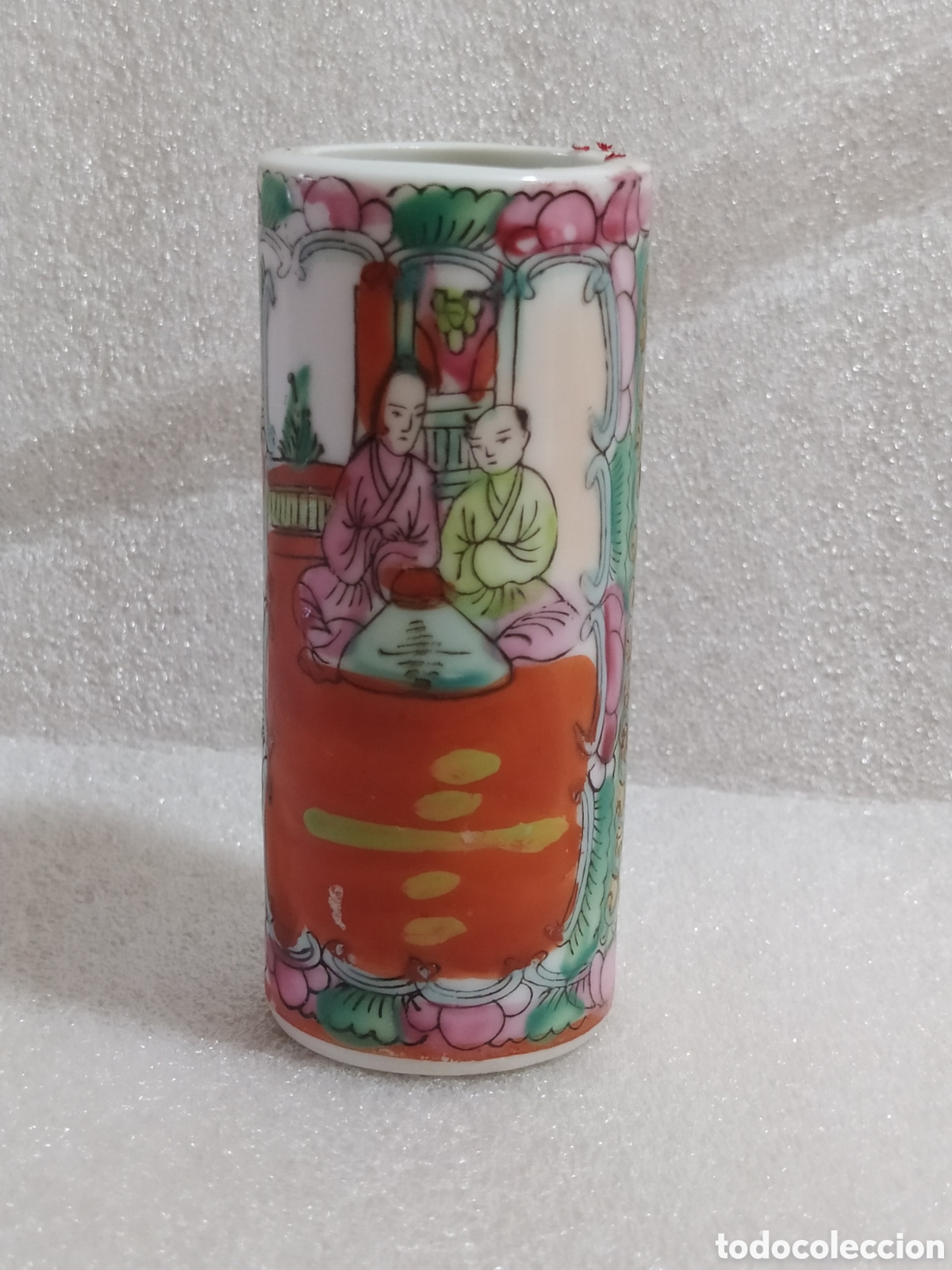 Antig&uuml;edades: Jarr&oacute;n Cil&iacute;ndrico Antiguo Porcelana China &rdquo;Rose Medallion&rdquo; (9,5 cm) - Familia Rosa, Escenas de Palac