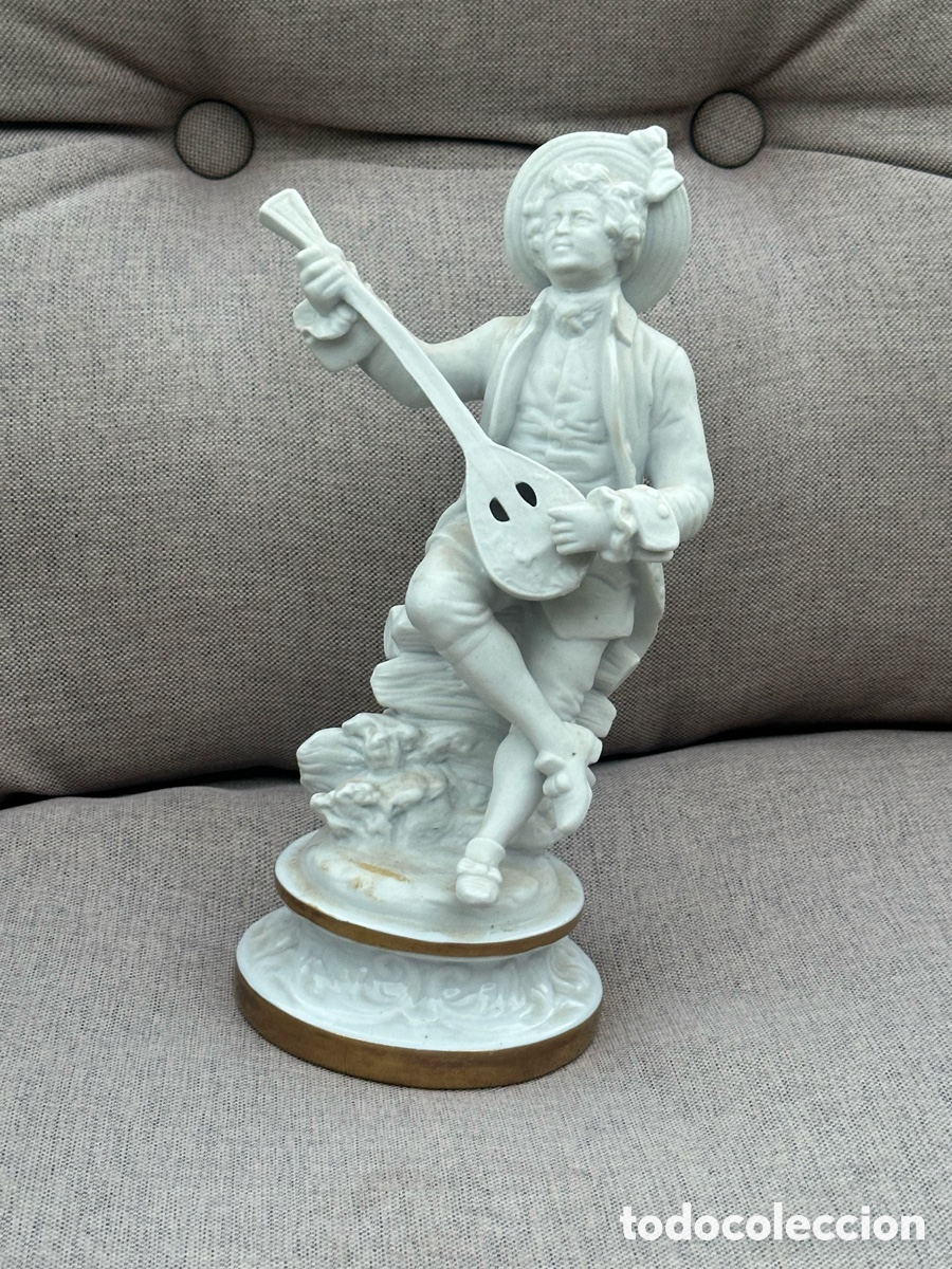 Antig&uuml;edades: ANTIGUA FIGURA DE CABALLERO M&Uacute;SICO &ndash; EDME SAMSON & CIE &ndash; PAR&Iacute;S &ndash; PORCELANA &ndash; 27 CM