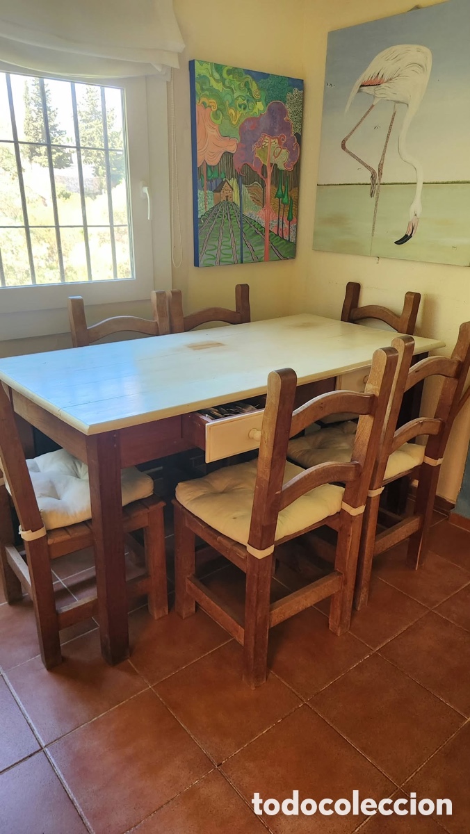 Antig&uuml;edades: Conjunto mesa y sillas de madera de algarrobo argentino