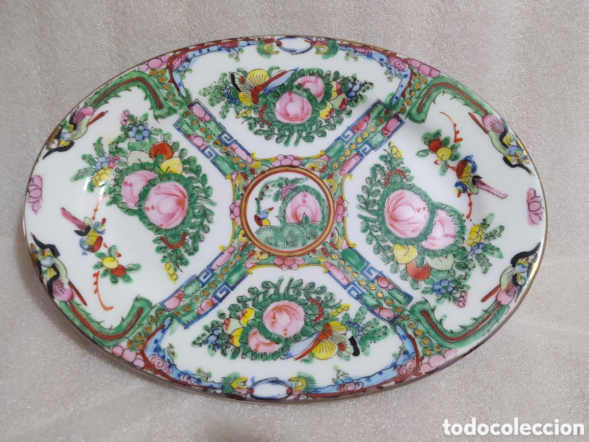 Antig&uuml;edades: Bandeja de Porcelana China Rose Medallion (Familia Rosa) &ndash; S. XIX-XX | 31x23 cm