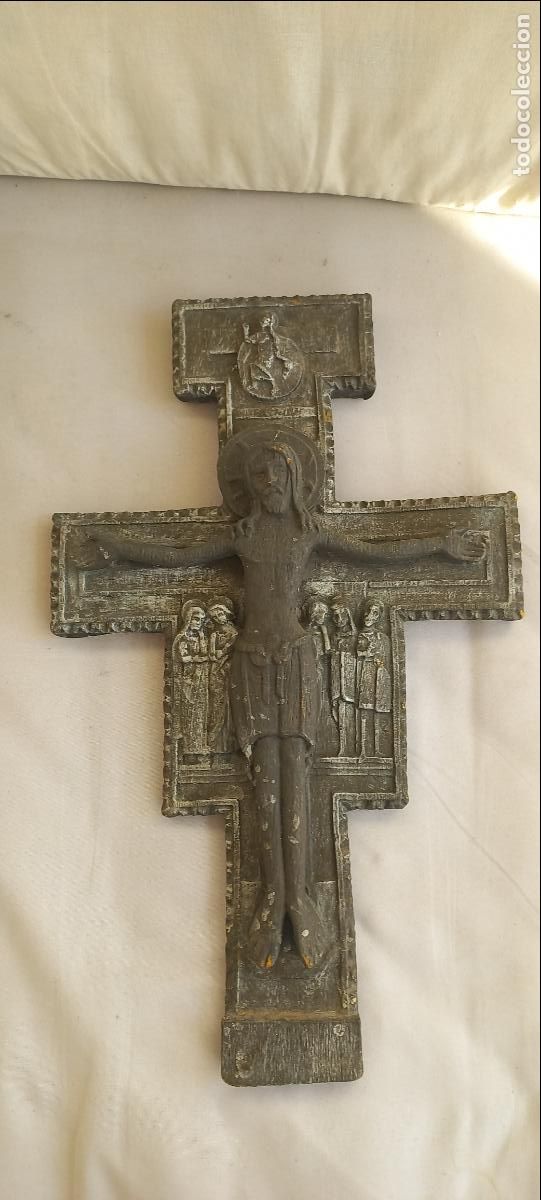 Antig&uuml;edades: Crucifijo San Francisco de As&iacute;s (San Dami&aacute;n). Cruz estilo Rom&aacute;nico Bizantino - 37cm