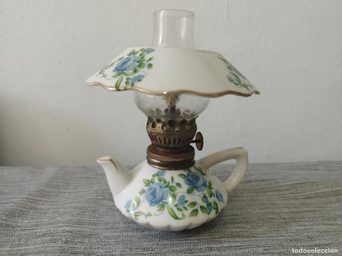 Antig&uuml;edades: Quinqu&eacute; miniatura japon&eacute;s de porcelana con rosas azules &ndash; Vintage Made in Japan
