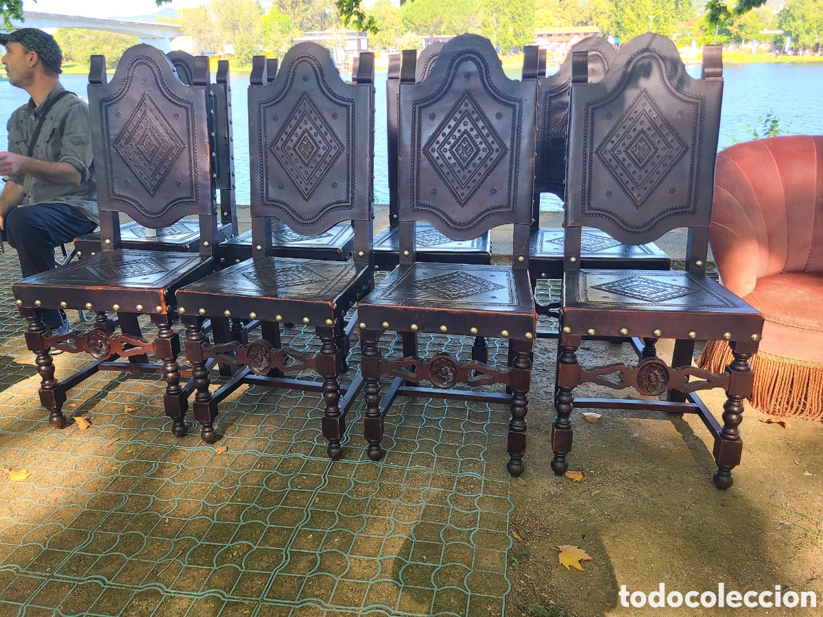 Antig&uuml;edades: 8 Sillas de cuero de madera de iroko - Foto 3