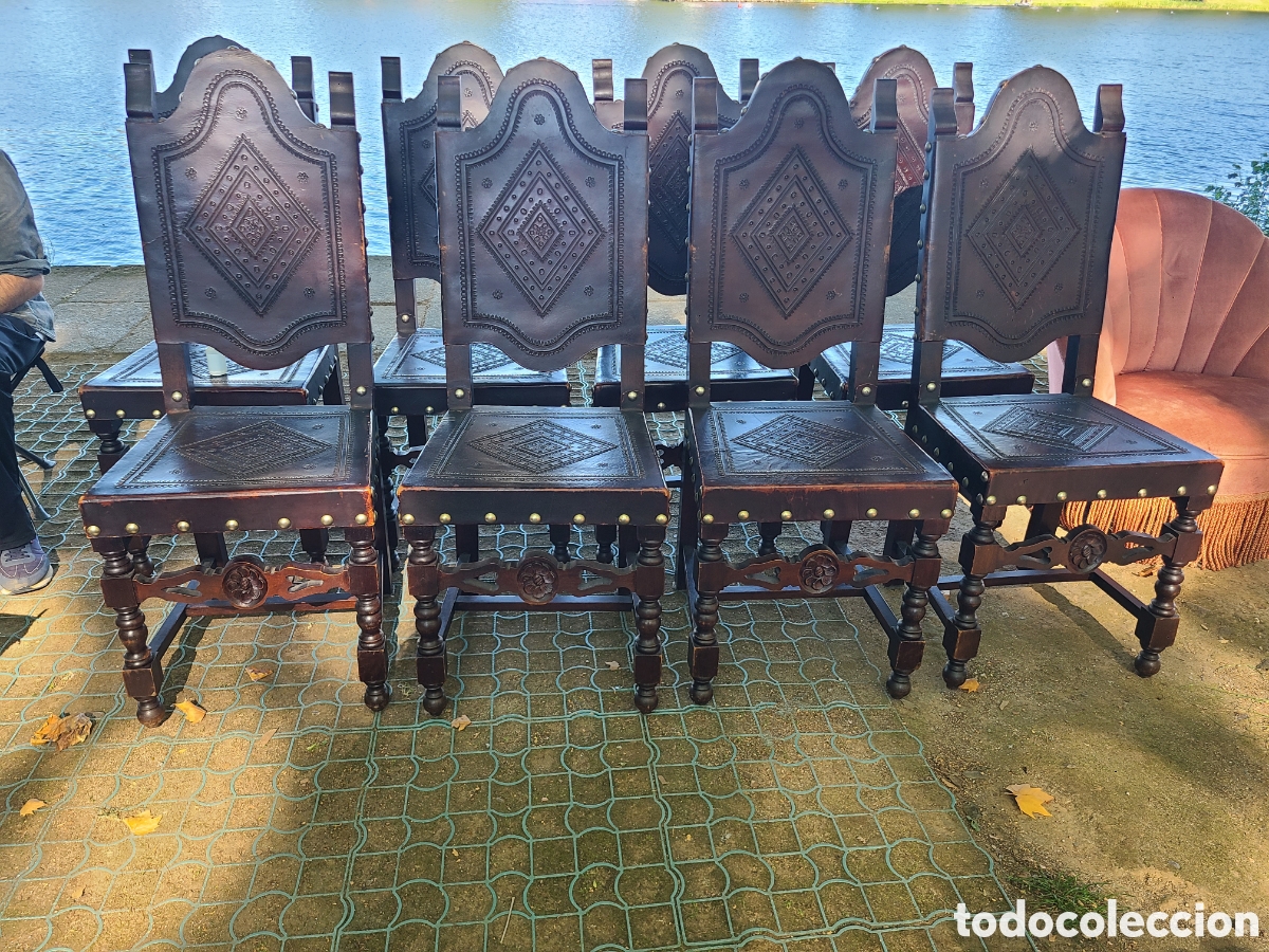 Antig&uuml;edades: 8 Sillas de cuero de madera de iroko