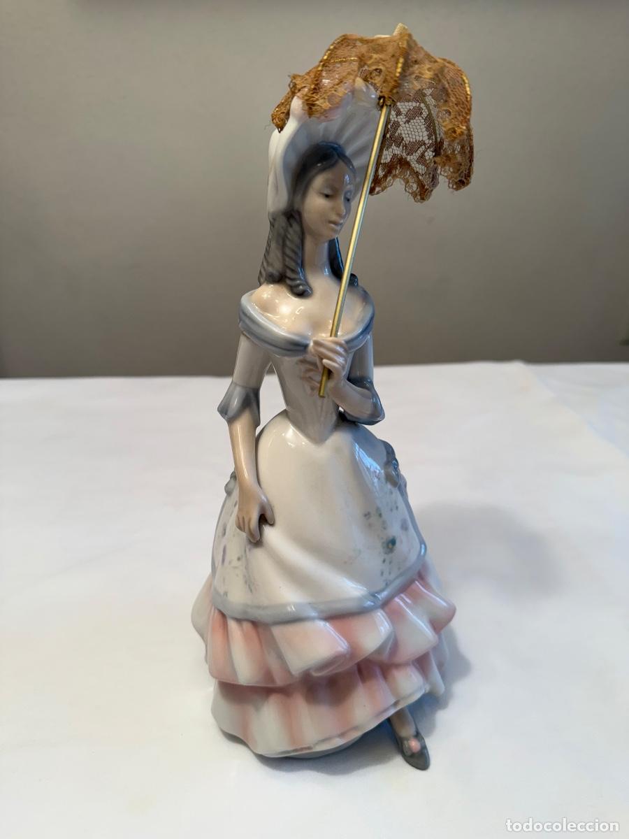 Antig&uuml;edades: Gran figura porcelana TENGRA (Valencia) - Dama rom&aacute;ntica con pamela y sombrilla - 35 cm