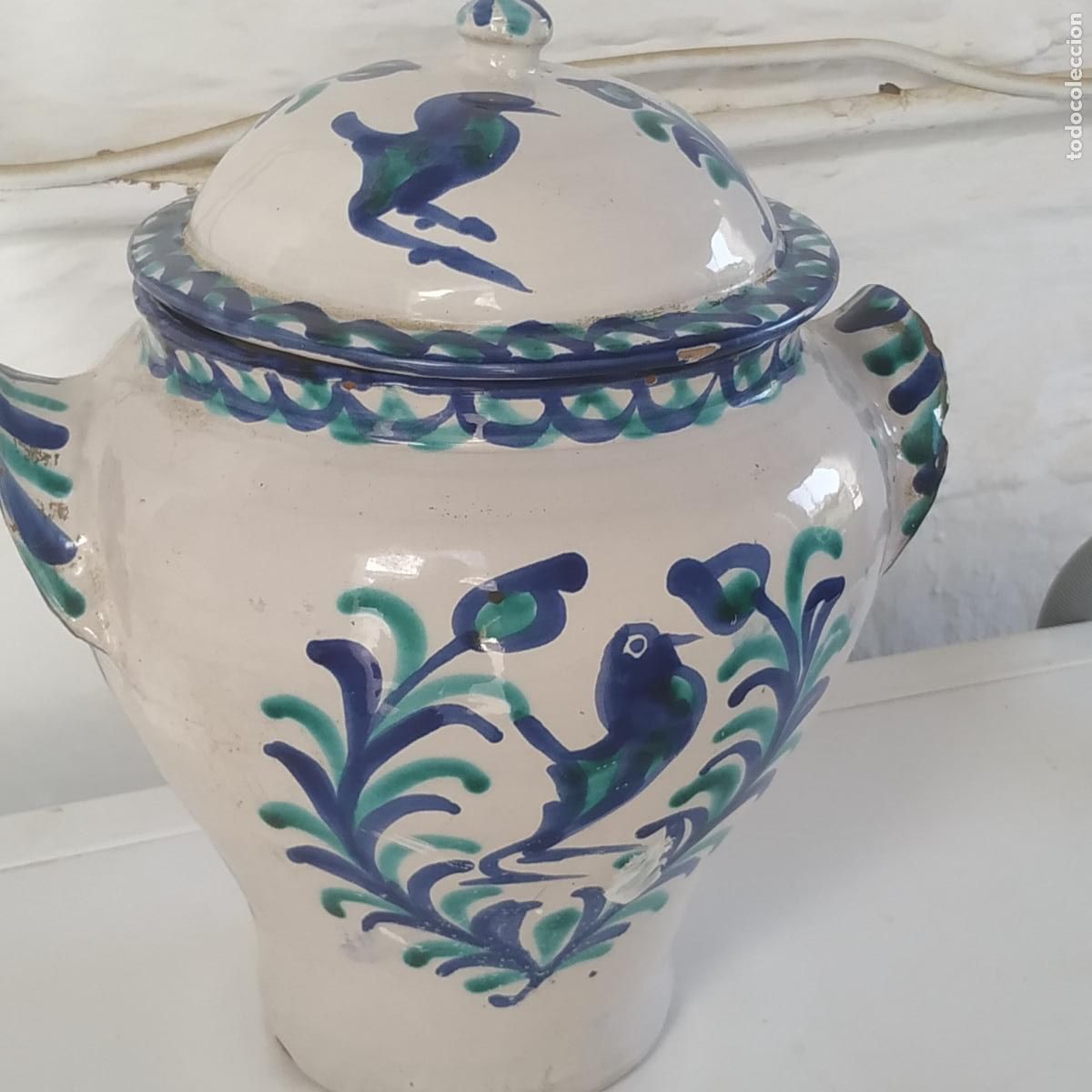 Antig&uuml;edades: Orza olla cer&aacute;mica Fajalauza ( Granada ) con p&aacute;jaros y flores.