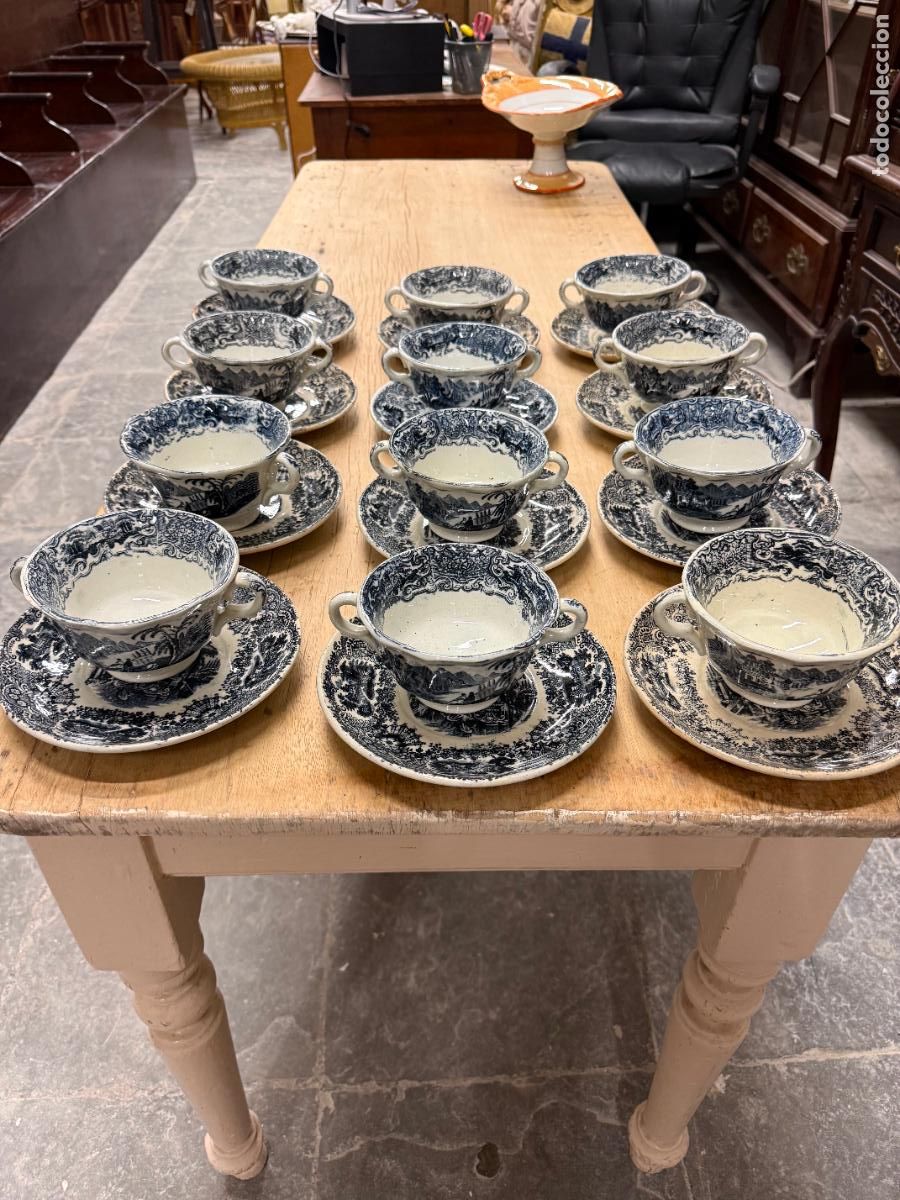 Antig&uuml;edades: ANTIGUO CONJUNTO DE CONSOME CERAMICA LA CARTUJA PICKMAN - MEDIDA PLATO 19 CM Y TAZA 13 CM