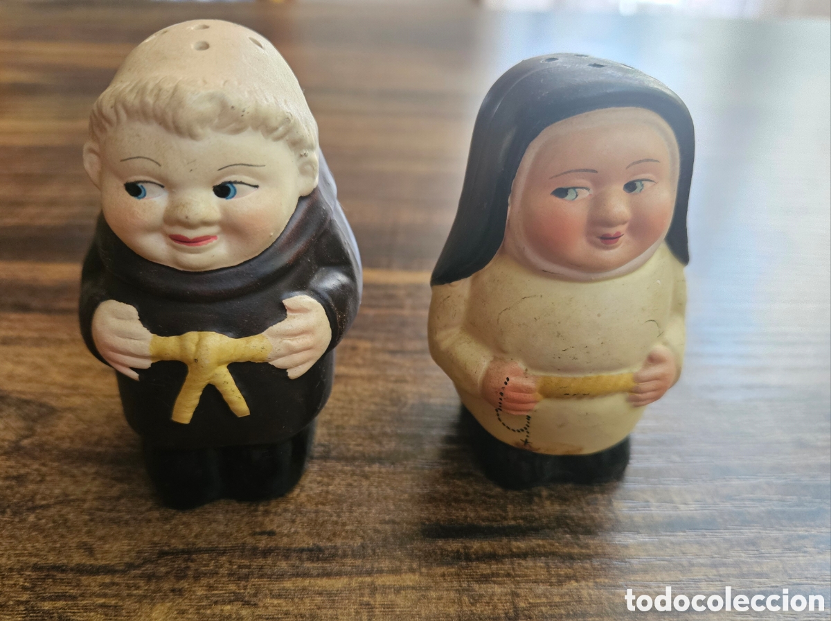Antig&uuml;edades: Juego de Salero y Pimentero Vintage: Monje y Monja / Pareja Religiosa Retro