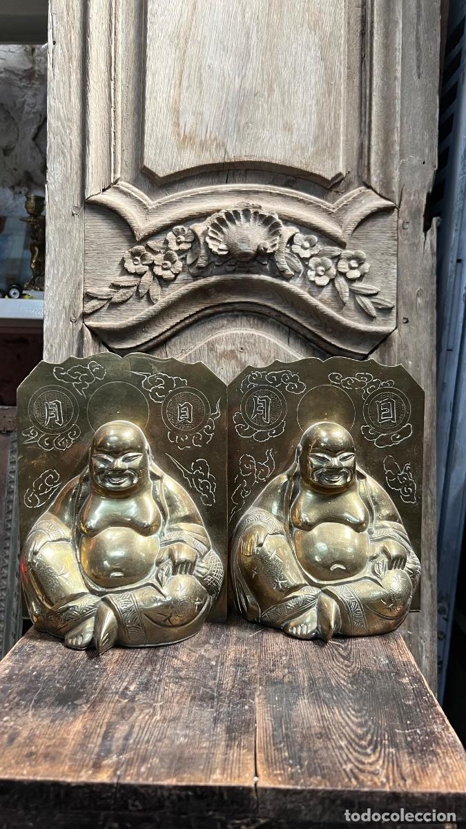 Antig&uuml;edades: Pareja sujetalibros bookends budai hotei Buda risue&ntilde;o felicidad abundancia suerte 19x15cms