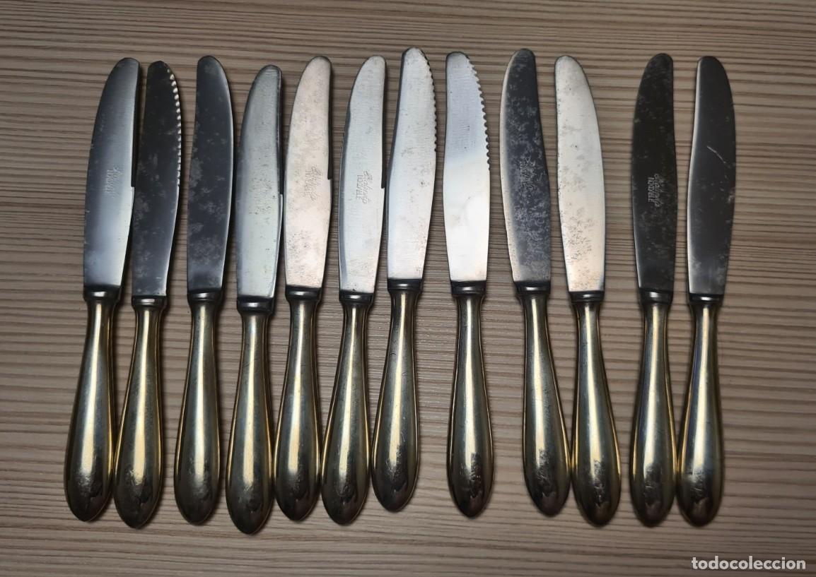 Antig&uuml;edades: Lote de 12 Cuchillos de postre de alpaca Platineta con su caja original