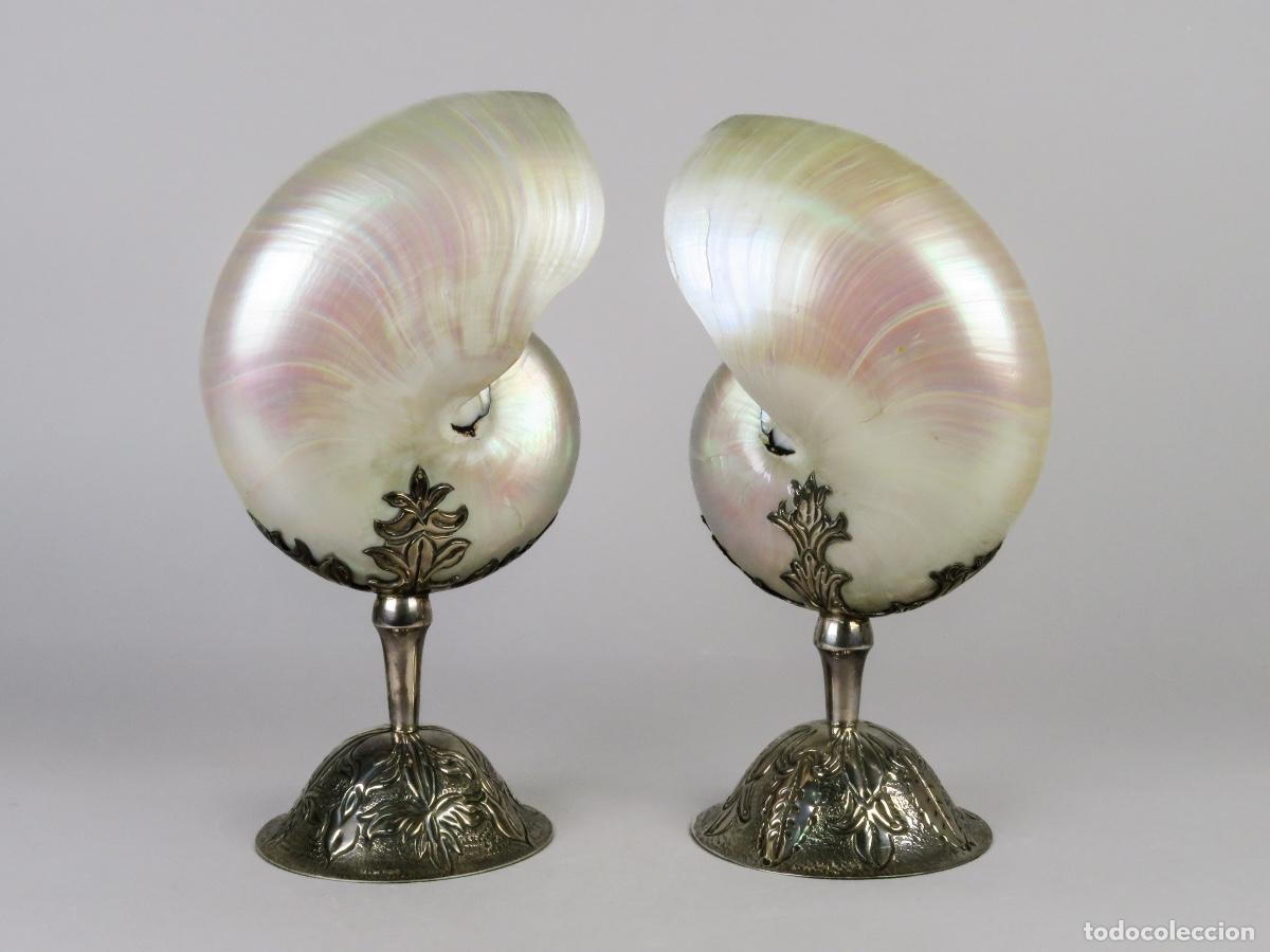 Antig&uuml;edades: Pareja caracolas nautilus montadas plata finales siglo XIX