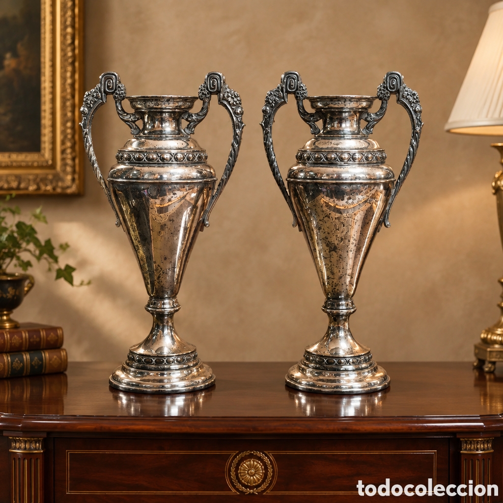 Antiguidades: ANTIGUAS &Aacute;NFORAS DE ALTAR BA&Ntilde;ADAS EN PLATA DE GRAN TAMA&Ntilde;O 44CM ALTO