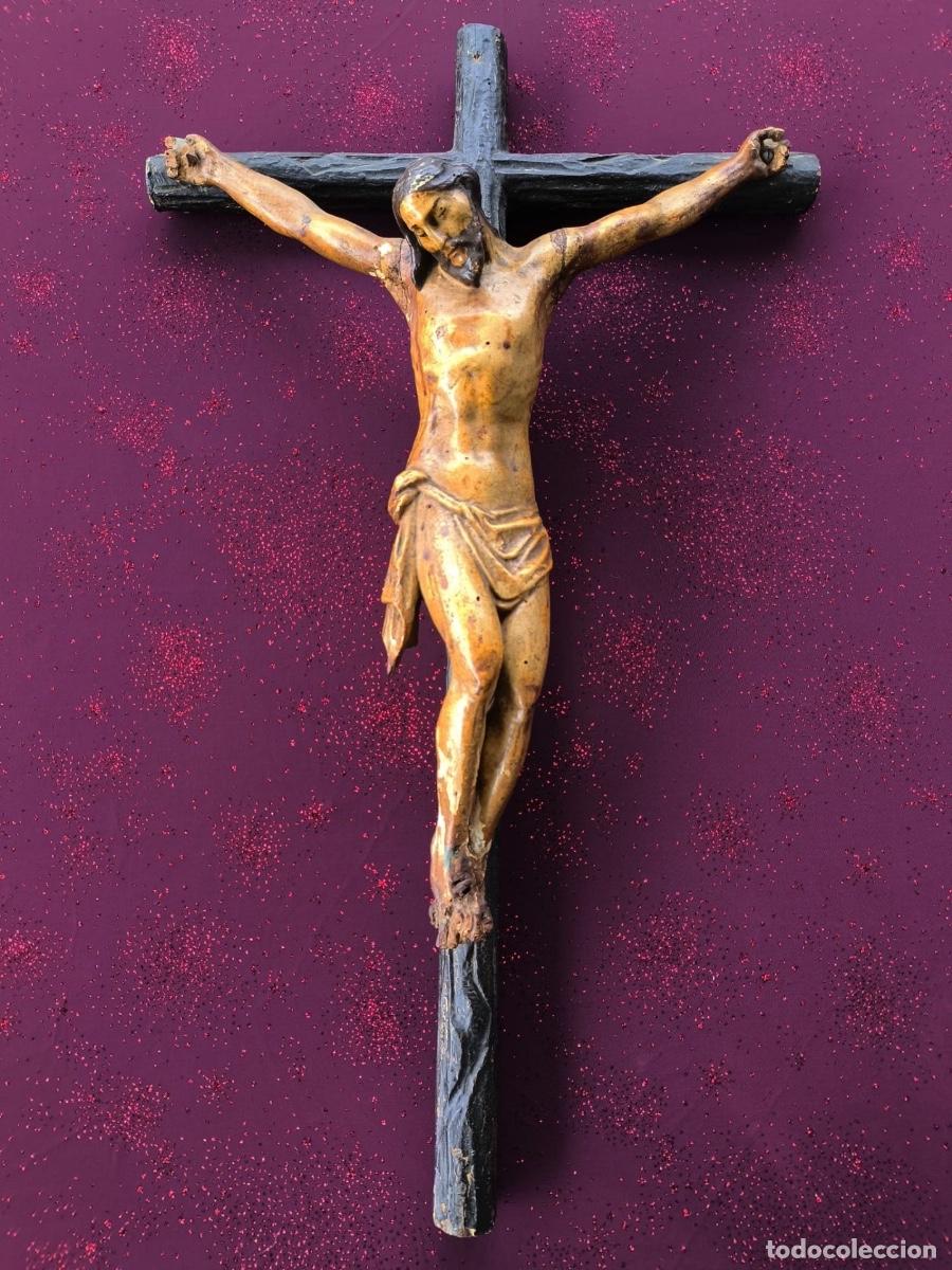 Antig&uuml;edades: Cristo En La Cruz Antiguo - Talla De Madera Y Policrom&iacute;a - Escuela Espa&ntilde;ola