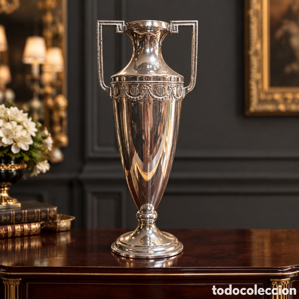 Antig&uuml;edades: &Aacute;NFORA DE ALTAR METAL PLATEADO 39CM ALTO. 14CM DI&Aacute;METRO