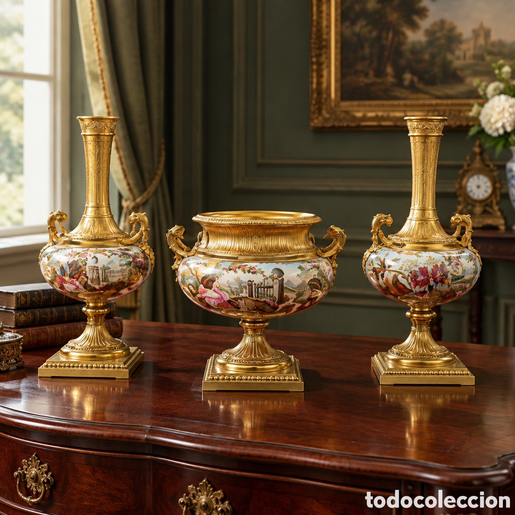 Antig&uuml;edades: ANTIGUO CONJUNTO TRES JARRONES PORCELANA Y BRONCE SIGLO XIX.