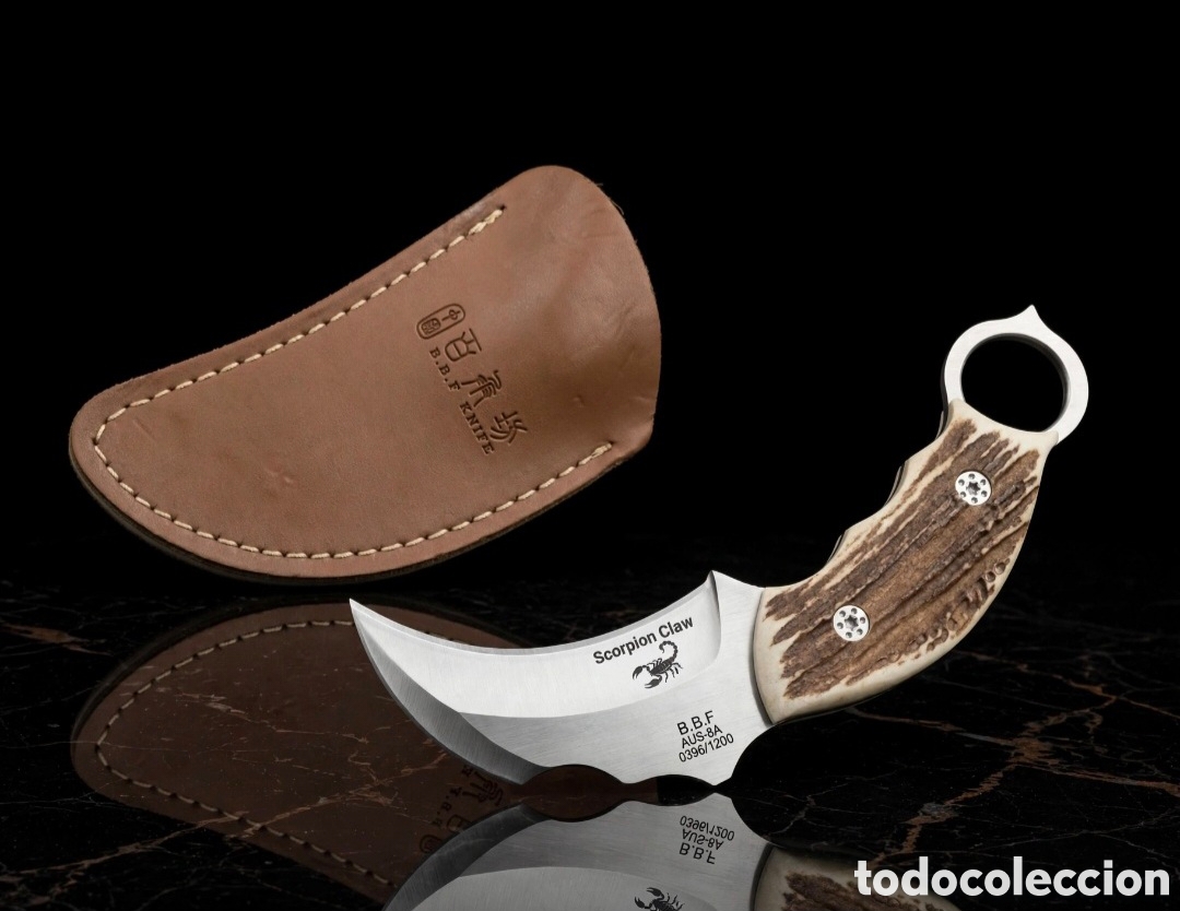 Antig&uuml;edades: Karambit escorpi&oacute;n claw y su funda de cuero original marcaje japones asta de ciervo