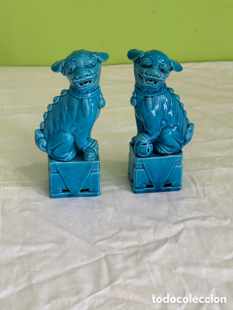 Antig&uuml;edades: Pareja de perros Foo chinos en cer&aacute;mica turquesa &ndash; 17 cm