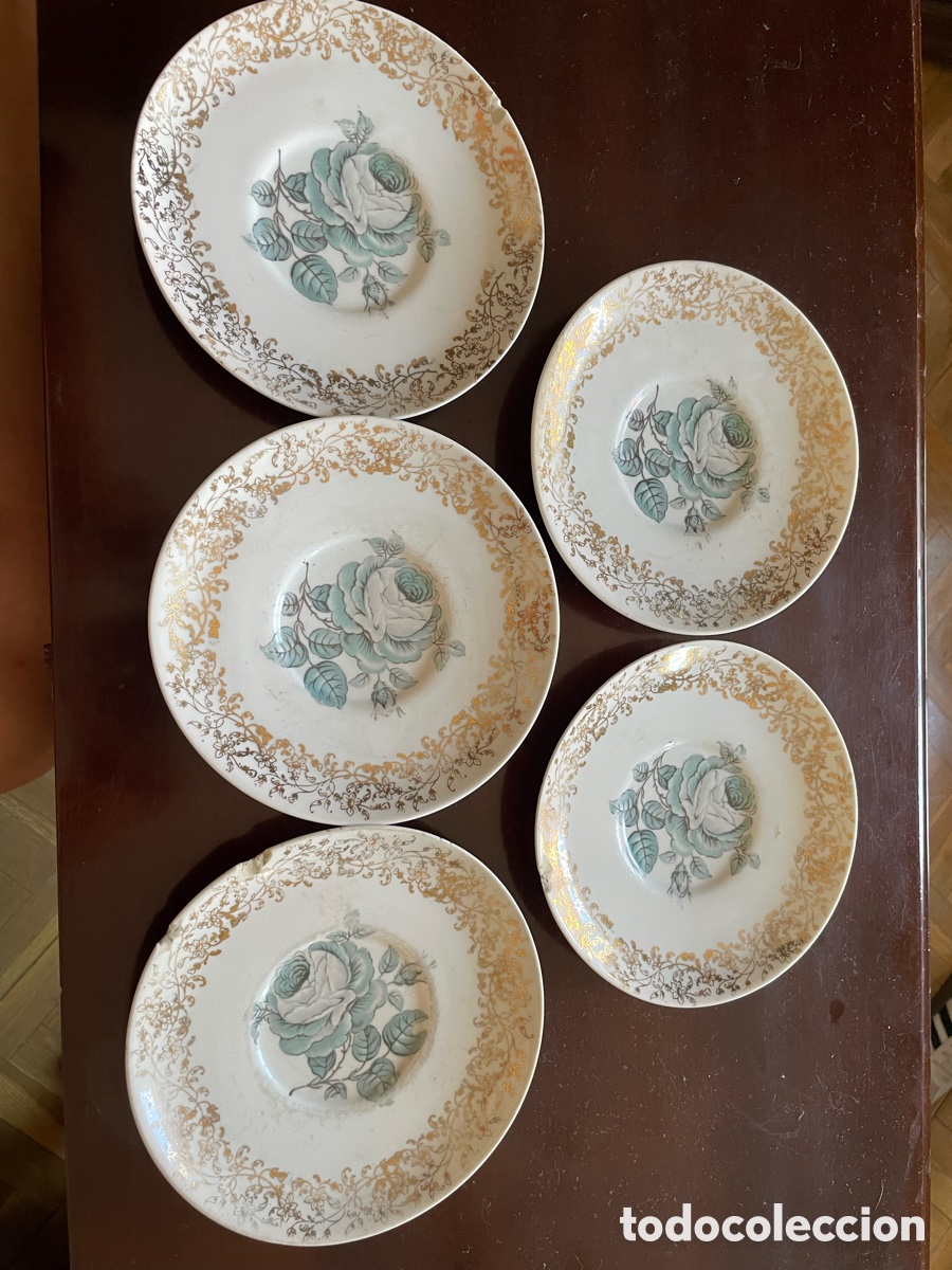 Antig&uuml;edades: 5 platos de postre Pontesa vintage &ndash; decoraci&oacute;n floral y dorado