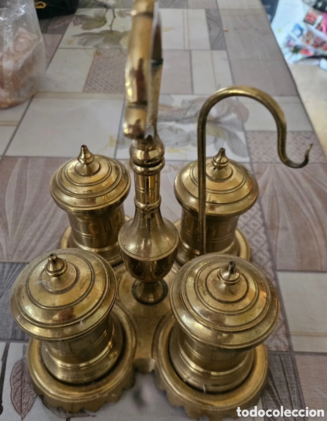 Antig&uuml;edades: Antigua Escriban&iacute;a Sobremesa Bronce Macizo - Siglo XIX - 3 Recipientes - Vintage