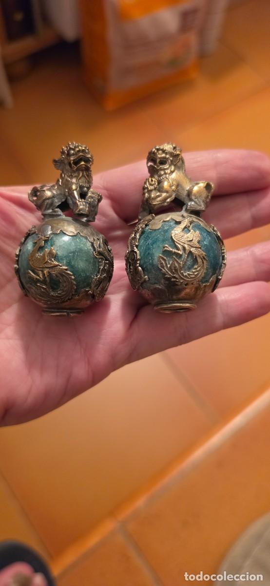 Antig&uuml;edades: Preciosas esculturas plata y turquesa antigua perros foo