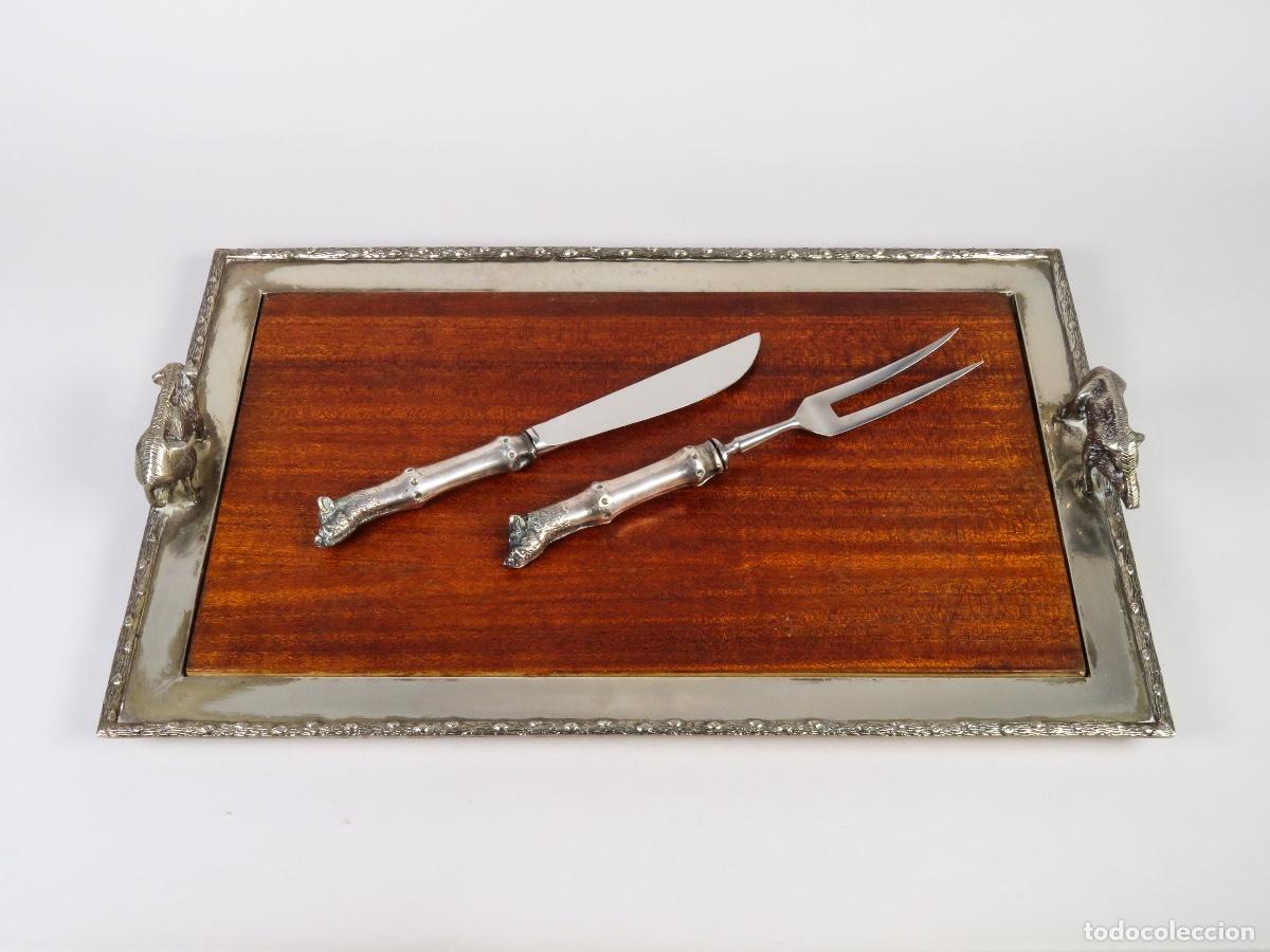 Antig&uuml;edades: Bandeja y cubiertos metal madera jabal&iacute; Valenti Siglo XX