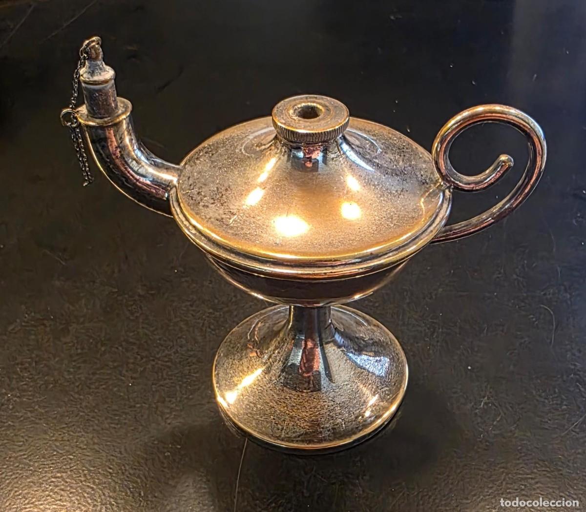 Antig&uuml;edades: Antigua l&aacute;mpara de aceite tipo Aladino &ndash; Metal plateado &ndash; Miniatura 10 x 11 cm &ndash; Lucerna decorativa