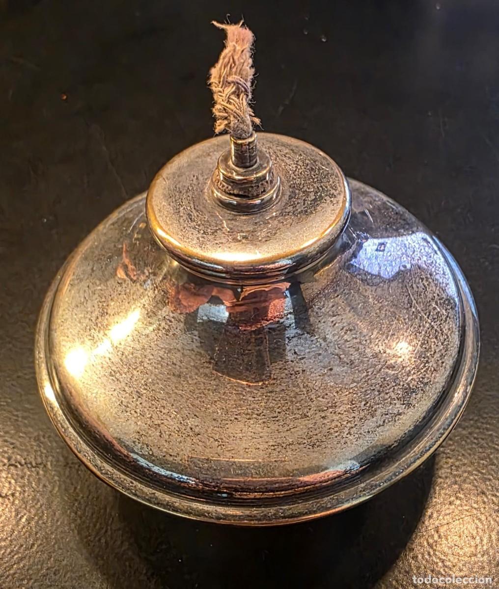 Antig&uuml;edades: Antiguo quemador de alcohol con mecha &ndash; Metal plateado &ndash; 9 x 9 cm &ndash; Lamparilla vintage