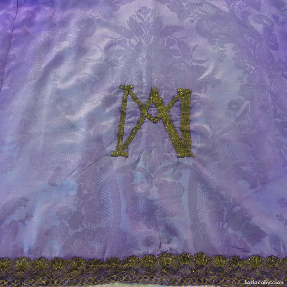 Antig&uuml;edades: ANTIGUO MANDIL PRENDA RELIGIOSA DAMASCO SEDA ENCAJE METALICO ORO CONCHA HOJILLA S XIX GOLD LACE SILK