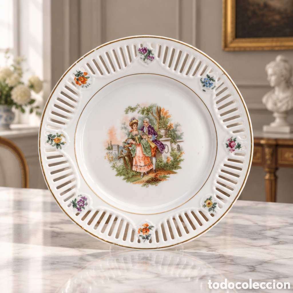 Antig&uuml;edades: BONITO PLATO CON CALADO - ESCENA ROMANTICA - BAVARIA. SCHUMANN CON SELLO. 19,5 CM